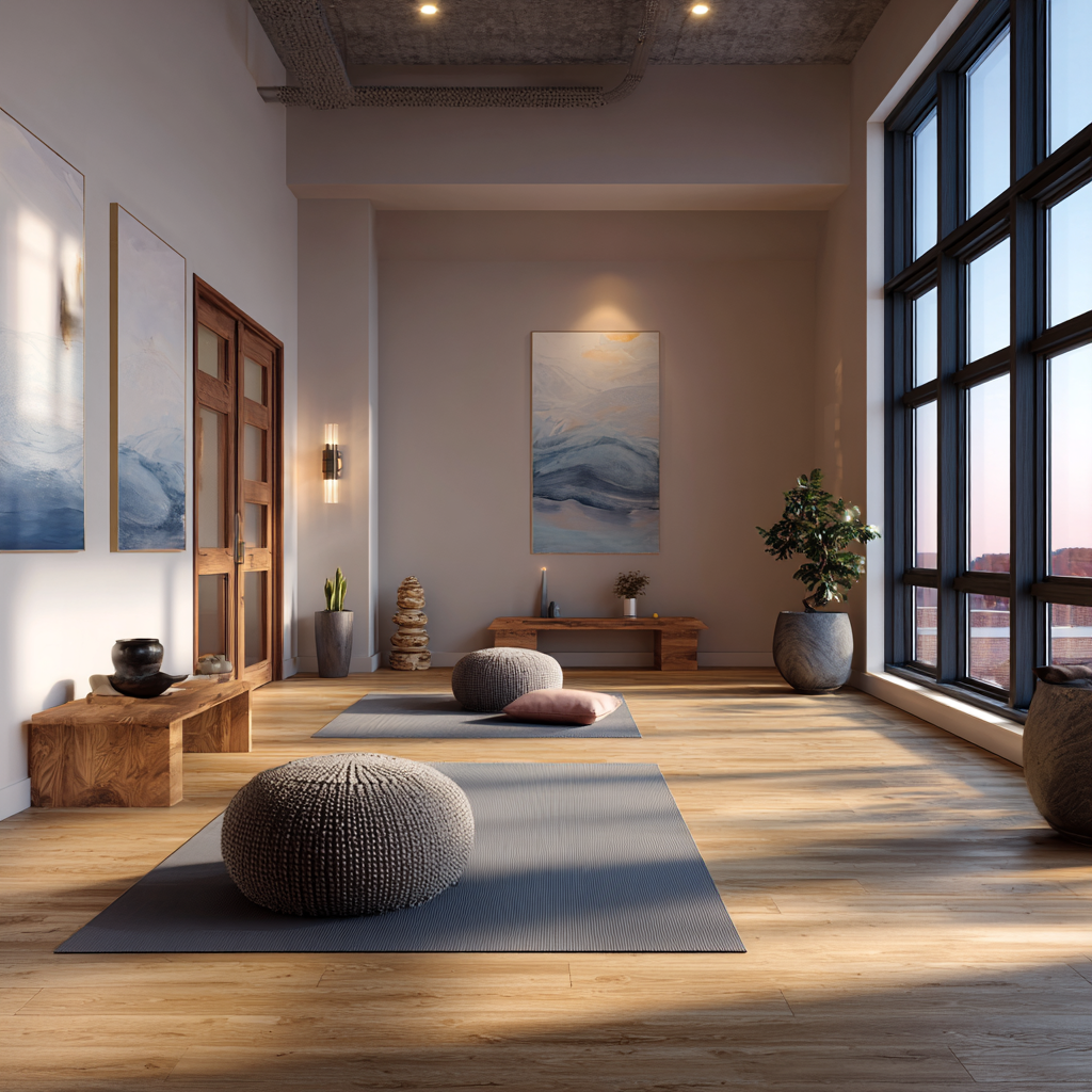 Peaceful meditation space designed for middle-aged and older adults practicing gentle yoga